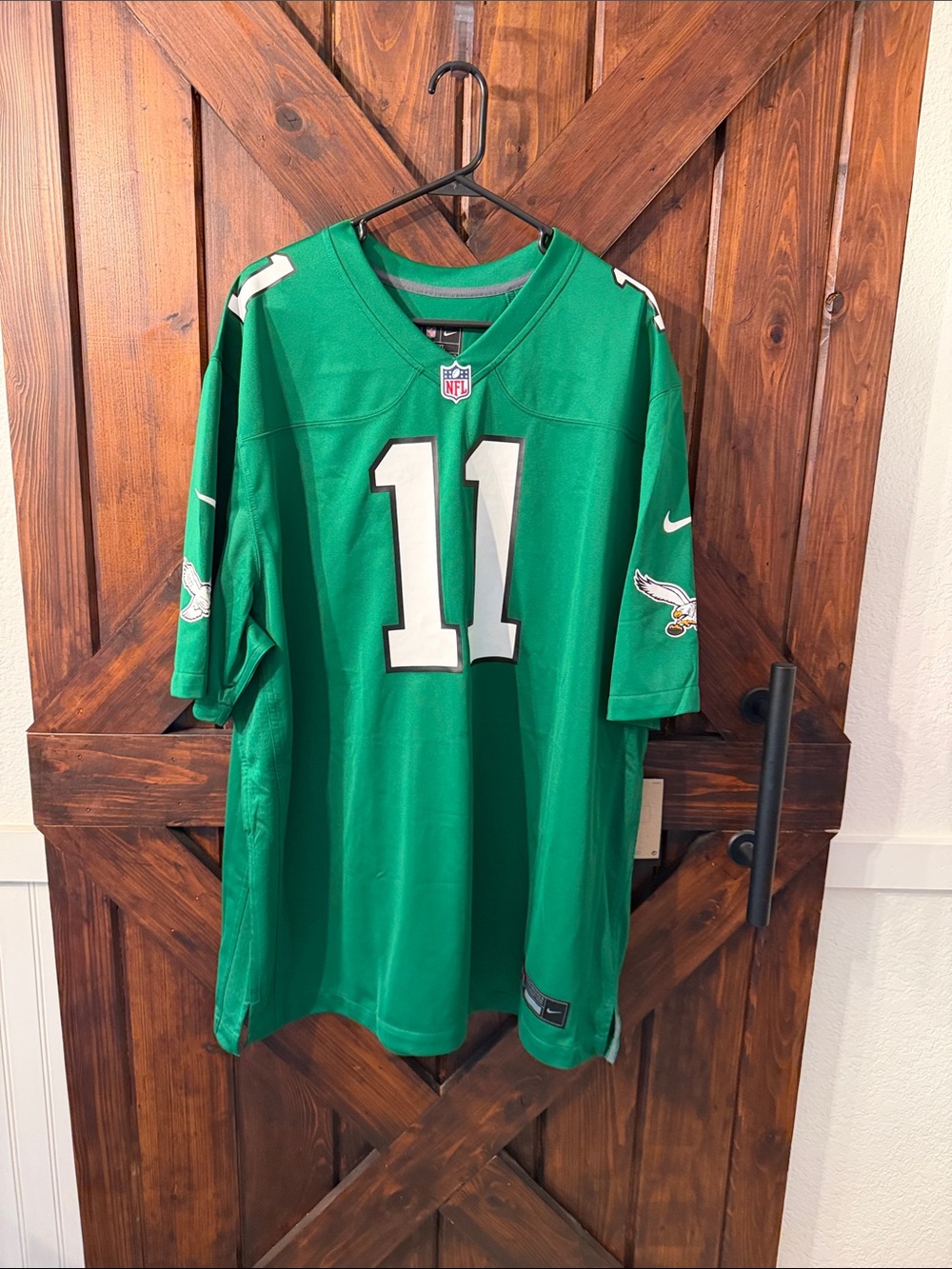 Nike Men’s Eagles Green #11 Brown Football Jersey with White Accents